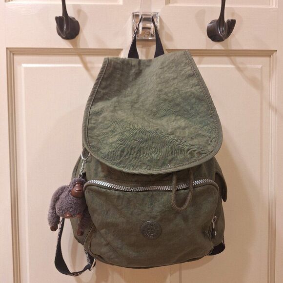 Kipling Ravier Backpack Olive Green With Monkey Plush Charm Unisex